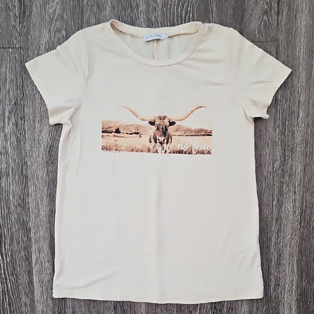 Misslook Beige Western Longhorn Graphic Tee